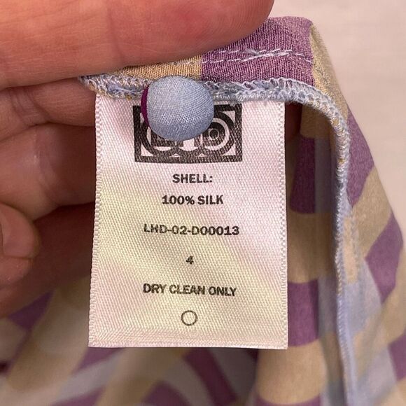 LHD Blue Plum Yellow Gingham Button Down Short Sleeve Silk Dress Size 4 - Picture 6 of 12